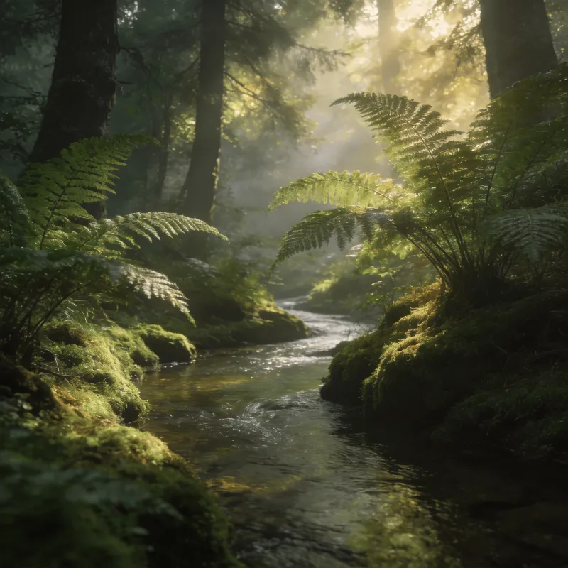 Tranquil Green Forest and Calm Stream