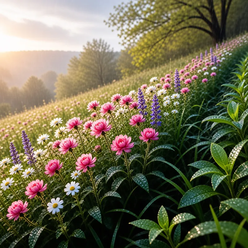 Pink daisies and purple spikes sway in light rain across a lush green hillside meadow at golden hour.