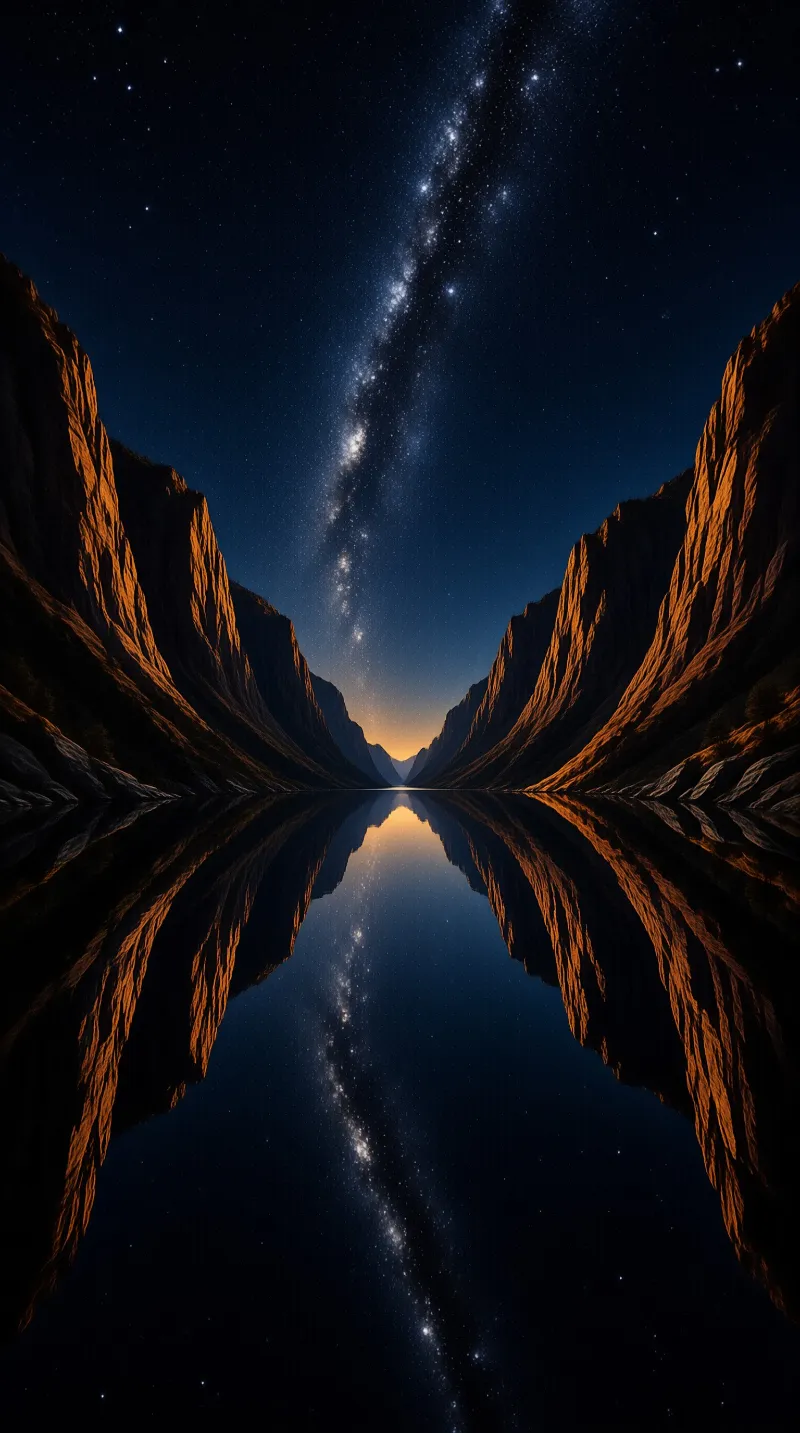Orange lit cliffs frame a still lake mirroring the starry night sky and the bright galaxy band stretching above.