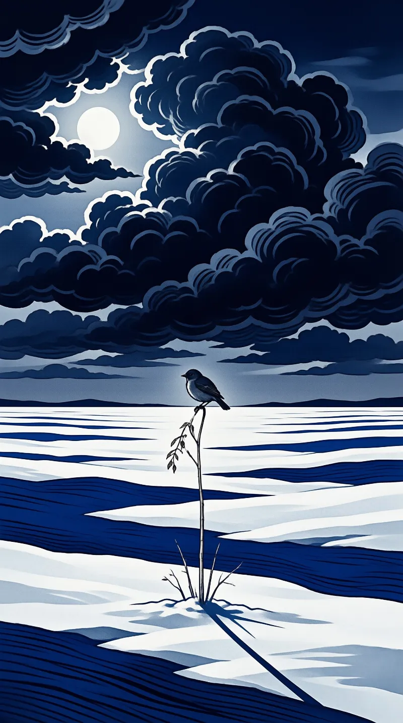 A small bird rests on a slender reed emerging from blue water beneath a night sky filled with heavy clouds.