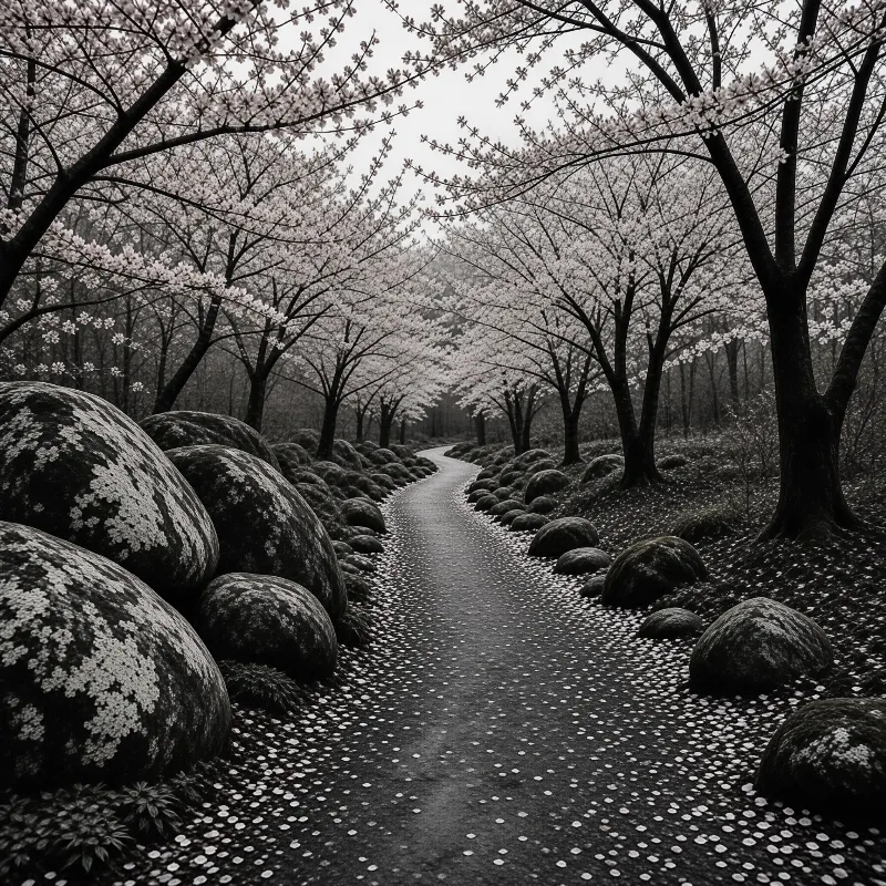 A winding path runs between rows of blooming cherry trees, with mossy boulders scattered along its edges under overcast light.
