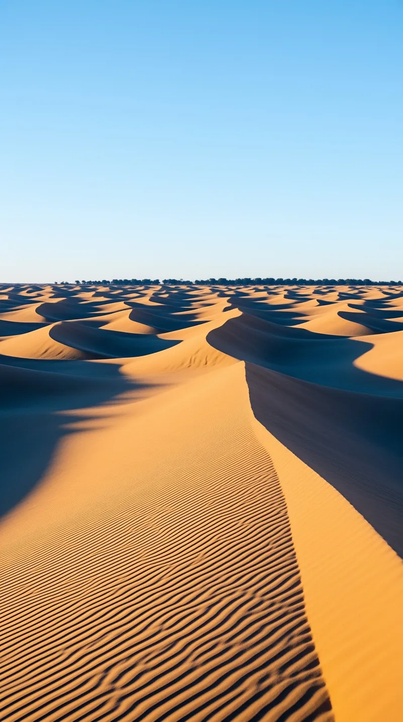 Extensive sand dunes create a rhythmic pattern of waves across the desert floor, with deep shadows emphasizing their curves against a gradient blue sky.