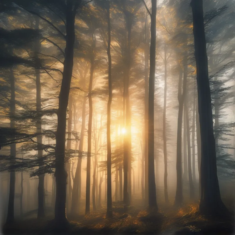 Vertical tree trunks stand in heavy mist as intense sunlight filters through the branches casting long golden beams.