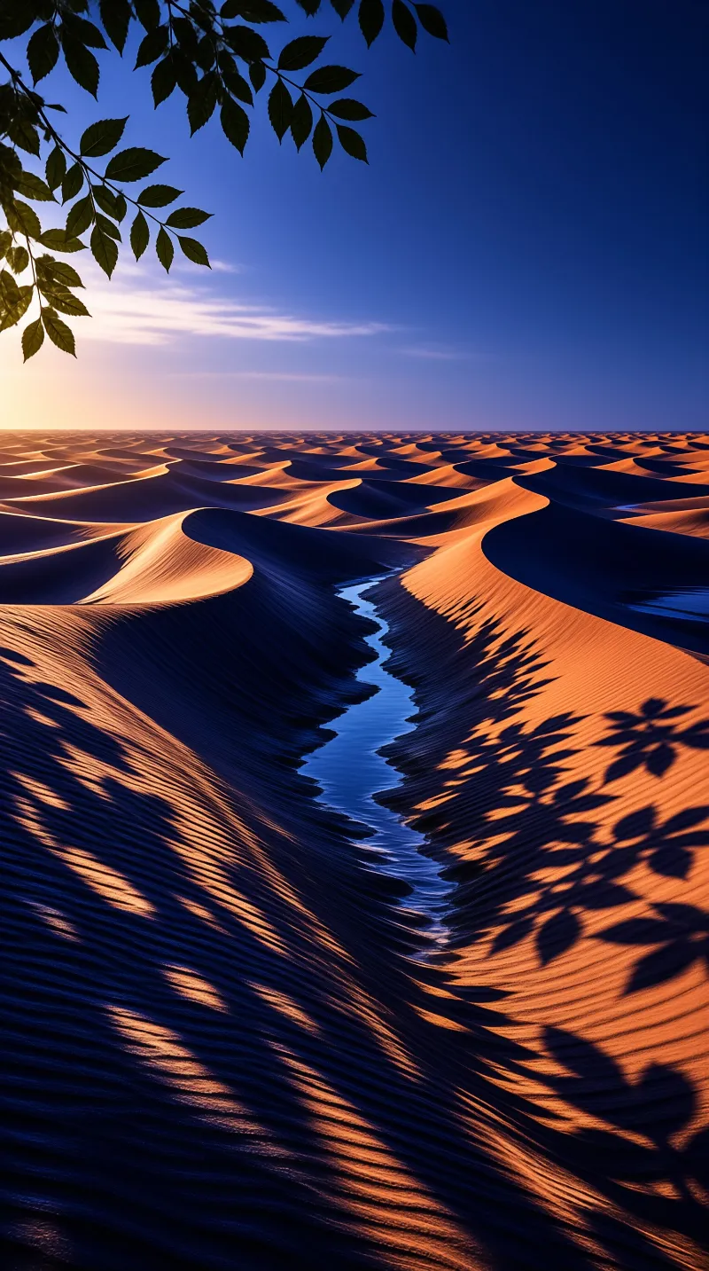 A winding stream cuts through orange sand dunes under a blue sky with leaf shadows visible in the foreground.