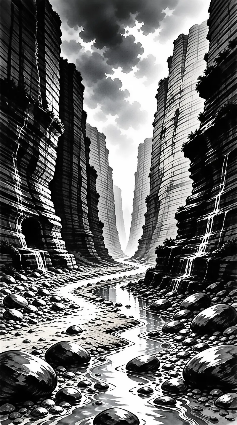 Black and white art showing tall layered cliffs rising above a rocky stream bed with cascading water.
