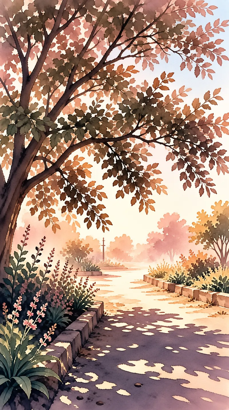 A watercolor illustration of a winding path bordered by flowering plants and trees under soft golden light.