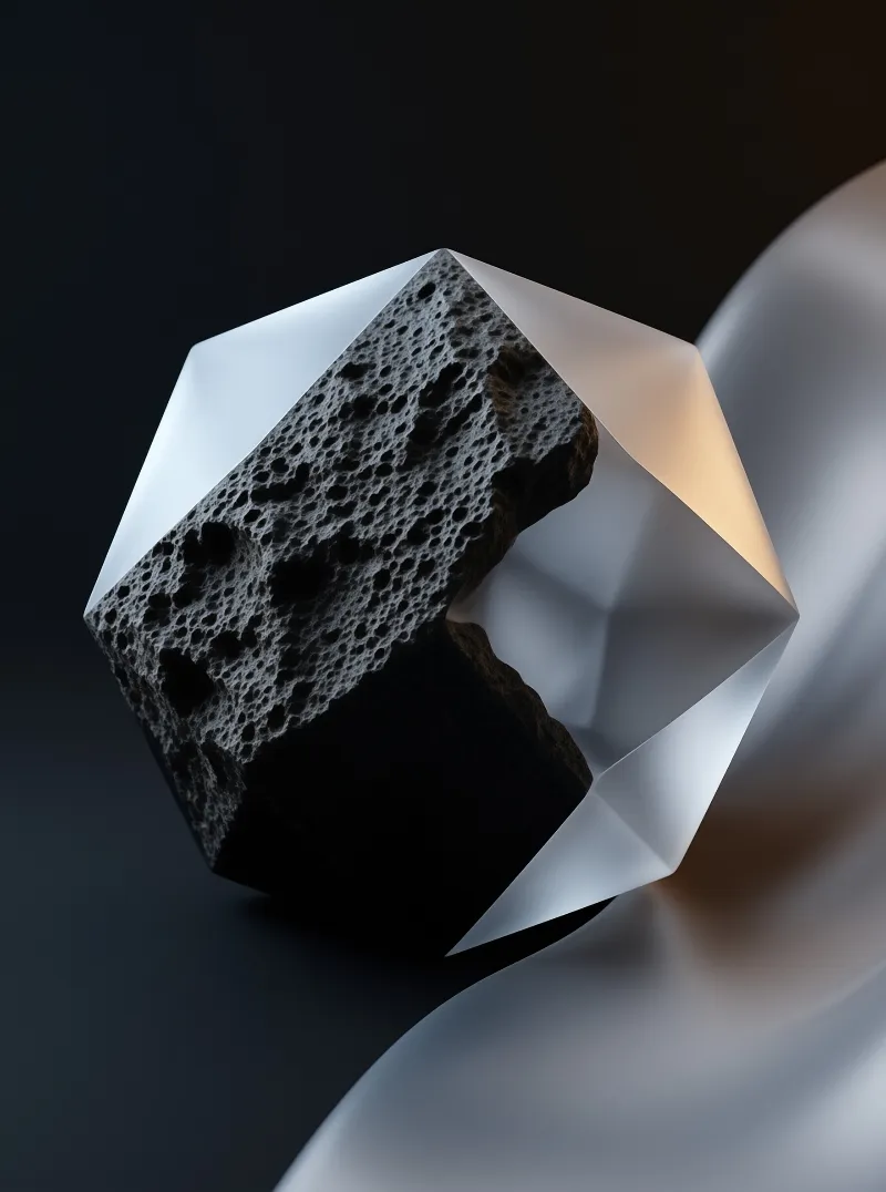 A clear geometric block encloses a dark textured sponge substance on a black surface.