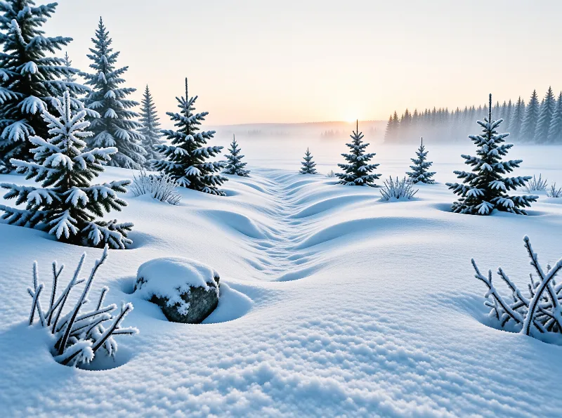 Snow covered pine trees stand in a white landscape as the sun rises over the distant misty forest horizon.