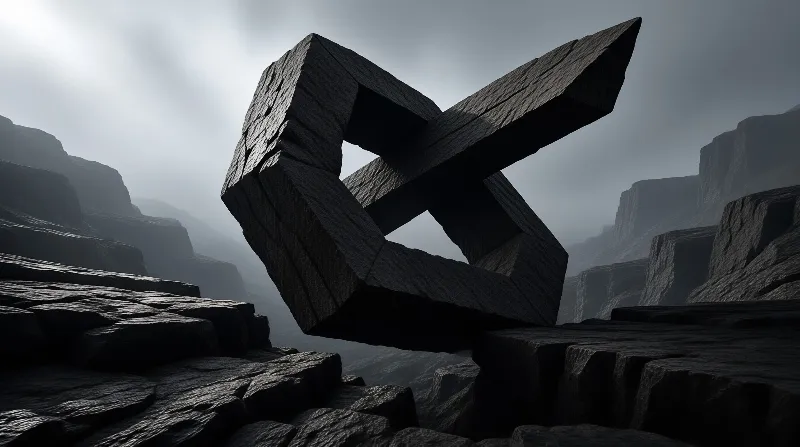 A massive dark angular sculpture defies gravity above a rugged foggy landscape illuminated by soft sunlight.