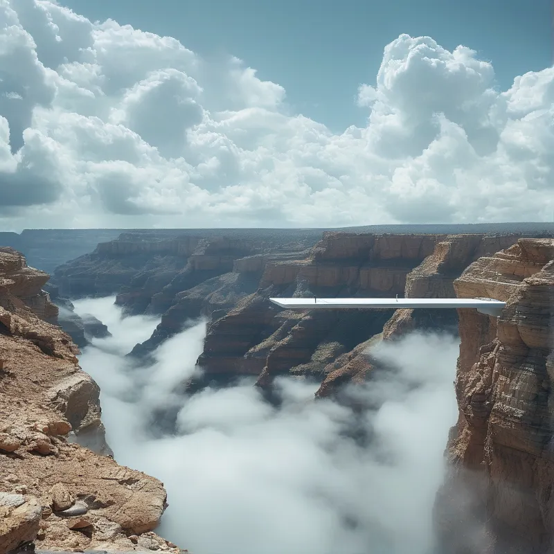 A flat white platform extends between canyon cliffs above thick mist and cumulus clouds.