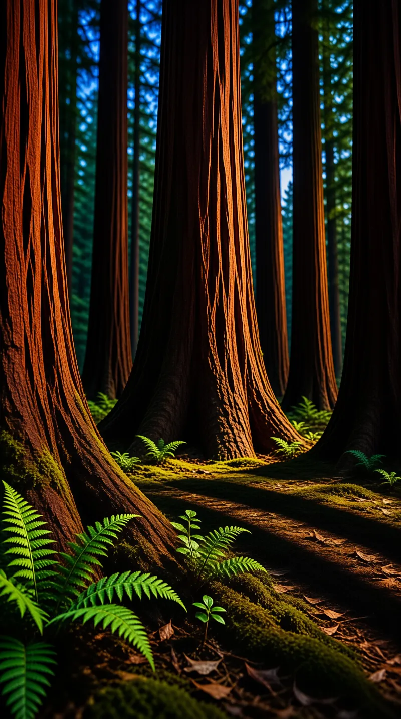 Vertical redwood trunks rise through a mossy forest floor while warm sunlight highlights the ancient bark.