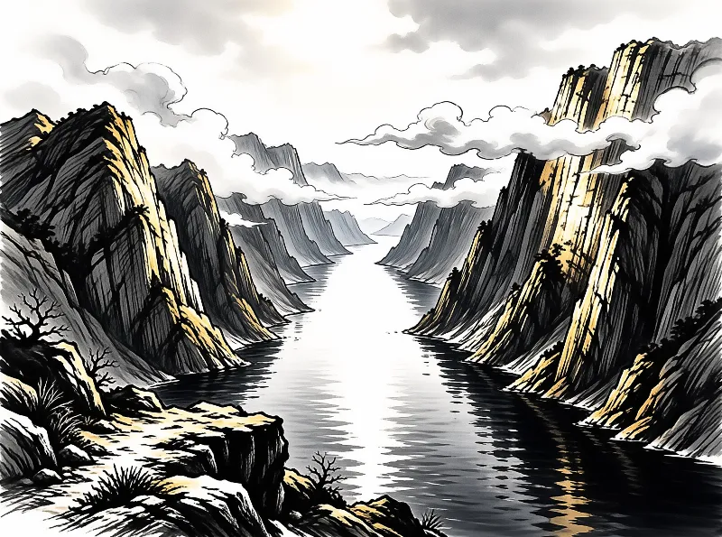 A narrow river winds between tall rugged cliffs with pale gold highlights on their rocky faces beneath white clouds.