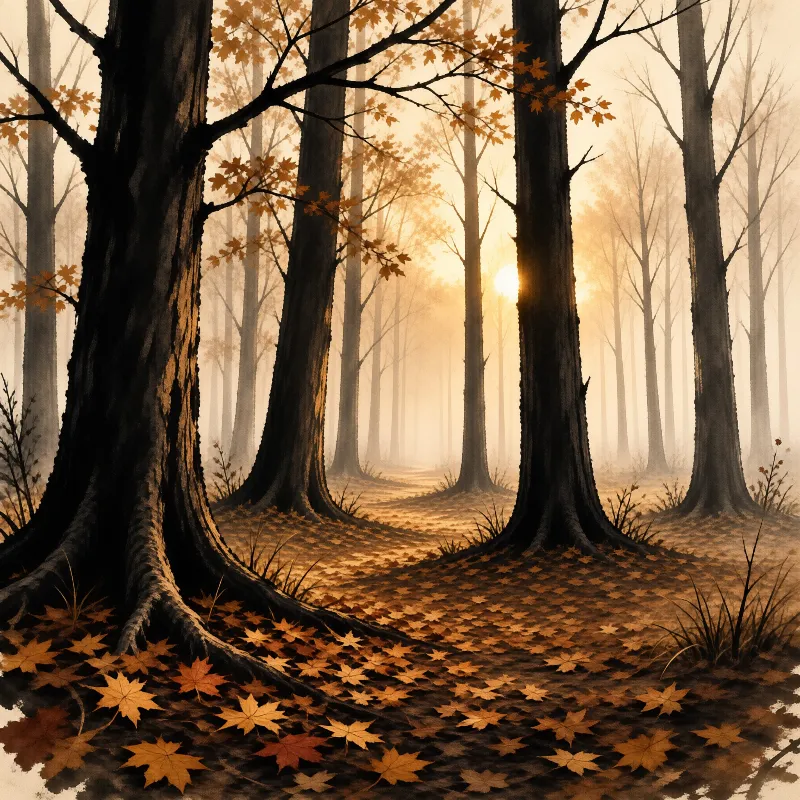 Dark textured trunks stand in a watercolor woodland as pale fog softens the trees and low sun glows amber.