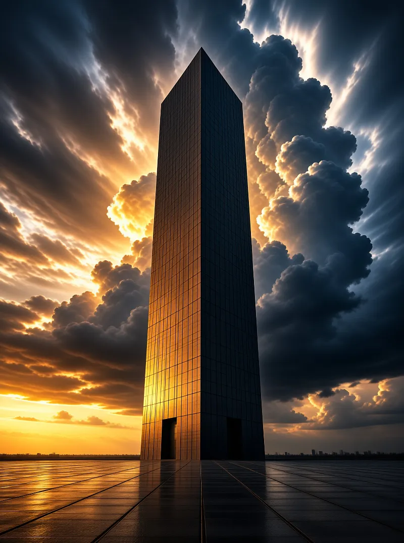 A slender black skyscraper mirrors an orange sunset on one face while dark clouds roll over an empty paved plaza.