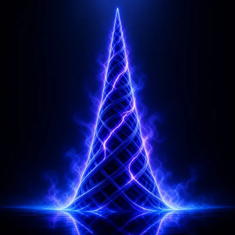 A glowing blue twisted structure resembling a cone rises above a dark reflective plane with misty smoke at its base.