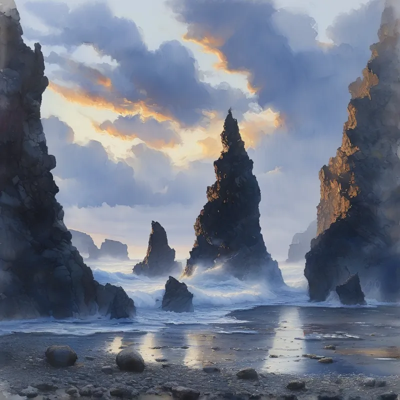 Dark sea stacks rise from turbulent waters while golden light breaks through heavy clouds in the distance.