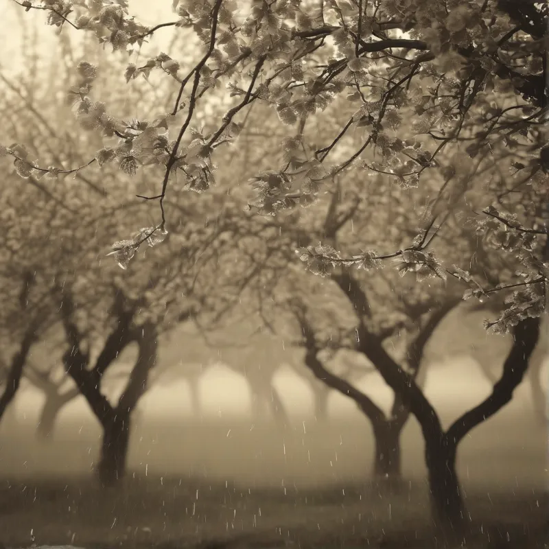 Sepia toned image of tree branches laden with snow and frost against a blurred forest background.