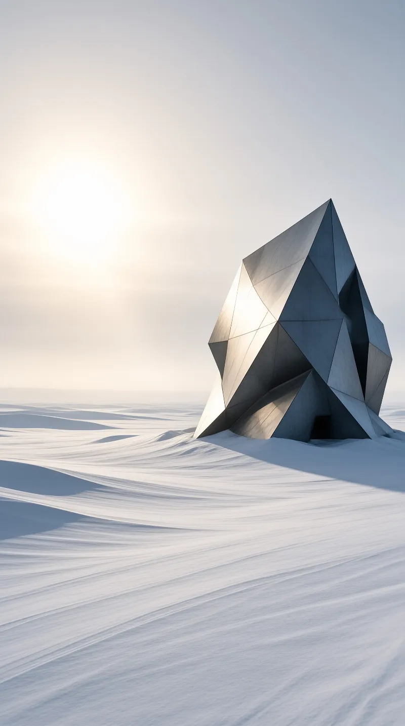 Massive geometric silver structure emerges from white snow dunes while bright sunlight creates contrast on faceted surface.