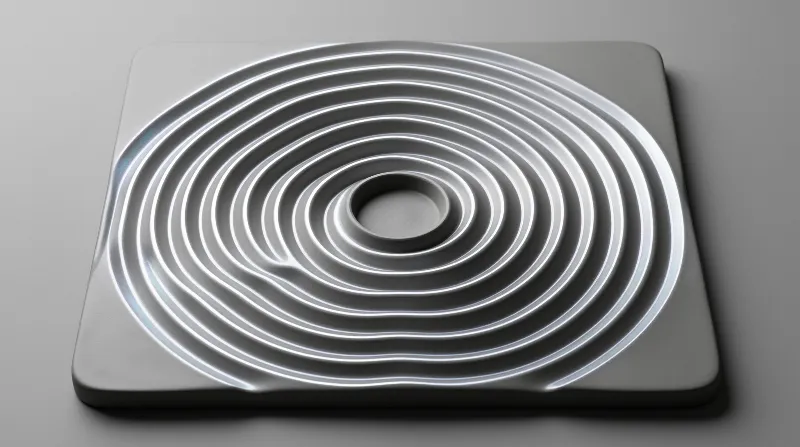Concentric grooves radiate across a polished aluminium plate lit from the upper left.