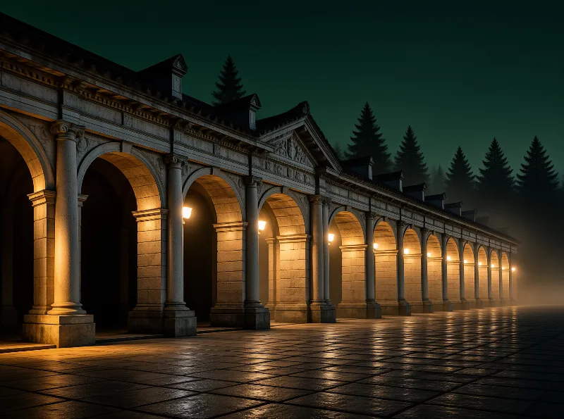Stone colonnade with arches lines a wet courtyard at night, lit by warm lamps under a dark green sky with distant pines.