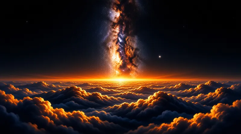 A vertical band of the Milky Way galaxy stretches across a dark sky above a glowing horizon and golden clouds.