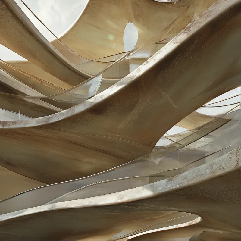 Modern architectural ceiling featuring layered beige panels with sunlight shining through gaps.