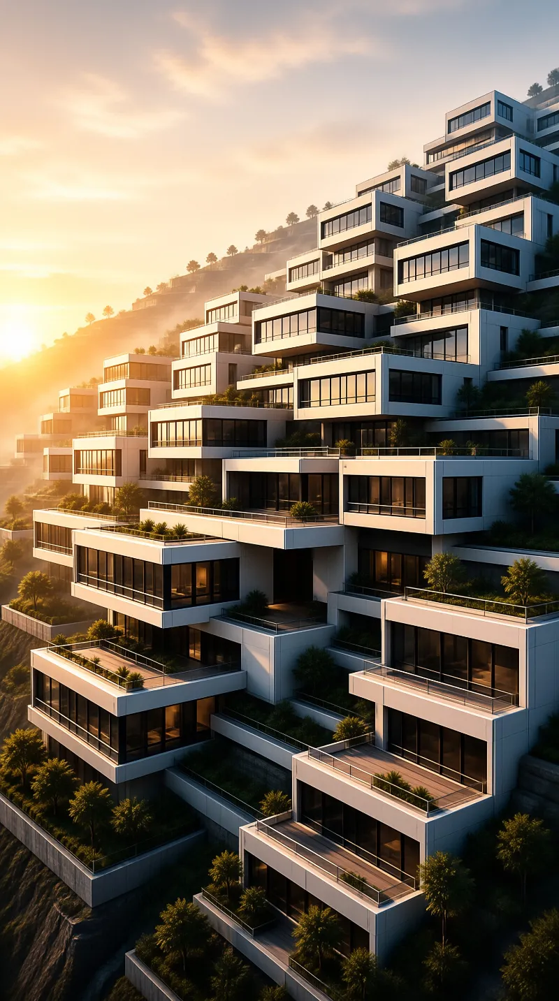 Modern white buildings with large windows and green terraces sit on a slope bathed in warm golden sunlight.