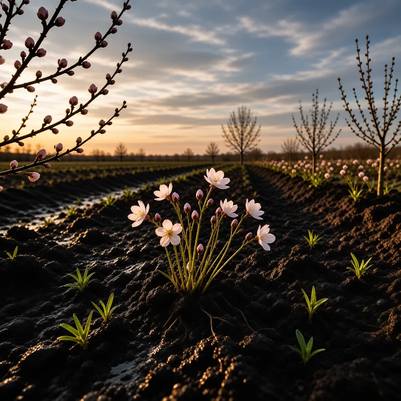 A cluster of white wildflowers emerges from the dark tilled earth while the sun sets behind a line of bare trees.