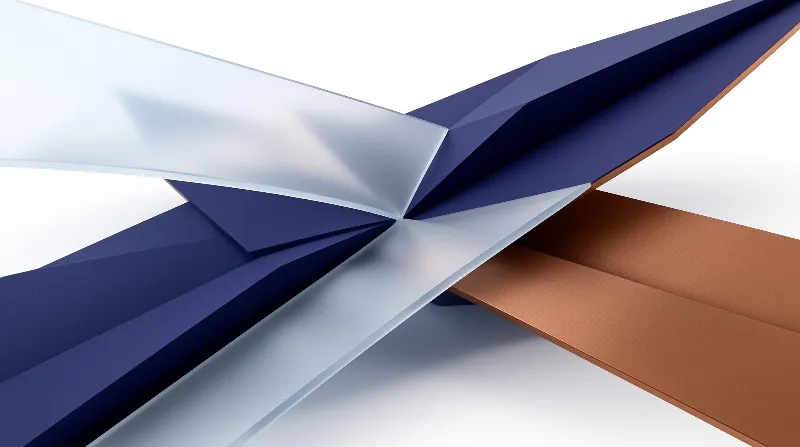 Folded blue and copper strips intersect diagonally against a white background with soft shadows.
