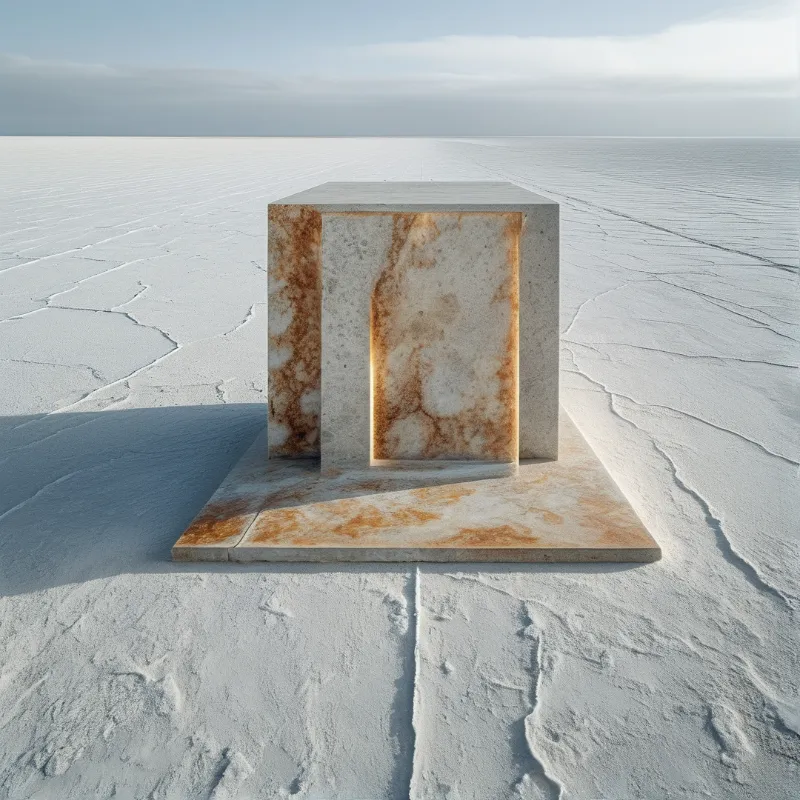 A weathered stone cube with a square opening stands on a flat base amidst a dry cracked salt plain under bright daylight.