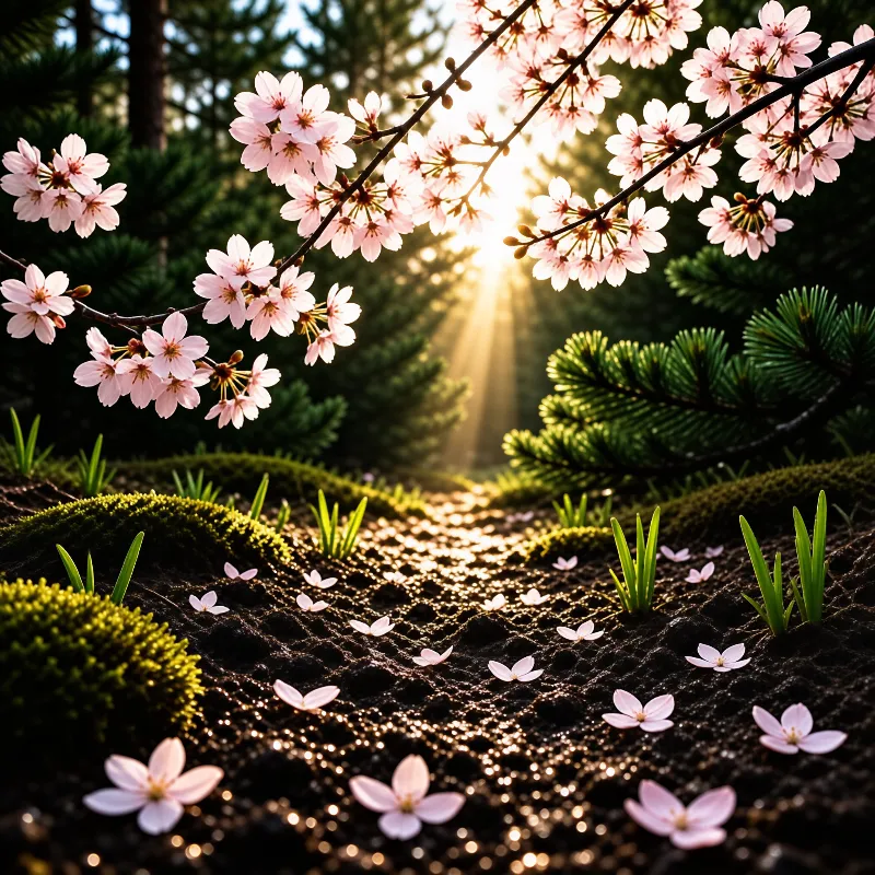 Pink cherry blossom branches stretch over a moss-covered ground where golden beams of light shine through the trees.