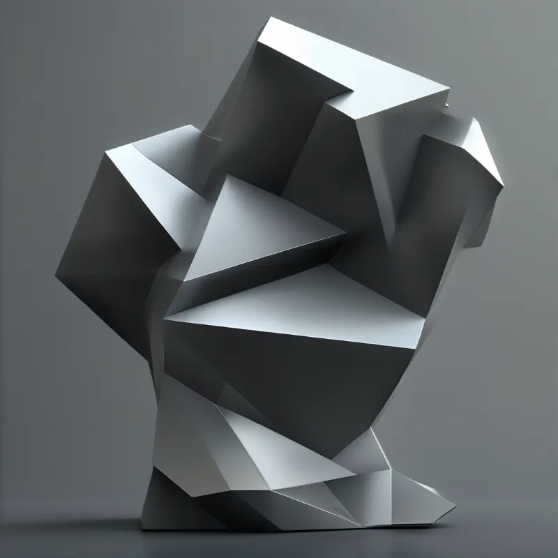 This abstract 3d render features a faceted silver structure illuminated by soft directional overhead lighting.