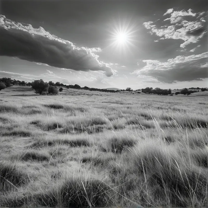 Black and white landscape showing tall grasses sweeping across a wide open field beneath a brilliant sun radiating through scattered storm clouds.