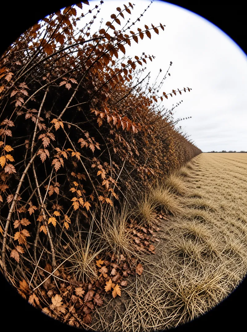 A dense row of bushes with brown autumn foliage stands next to an open tan field under a cloudy white sky, viewed through a round black frame that bounds the rural landscape and emphasizes the contrast between the dark vegetation and the pale ground stretching into the distance.