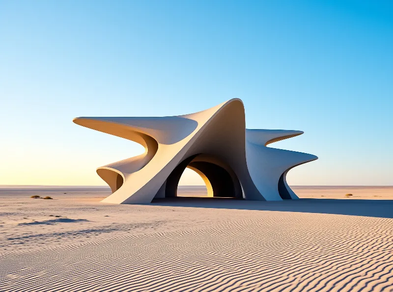 A sculptural concrete shelter with sweeping winged curves casts deep shade over wind lined dunes at clear dawn