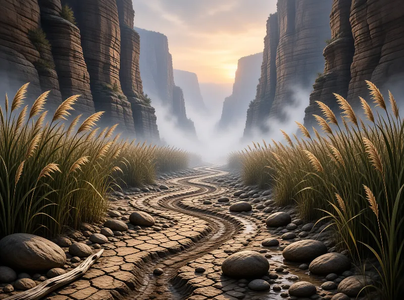 A narrow path bends between tall rock walls, its grass tips glowing where low sunrise light breaks the haze