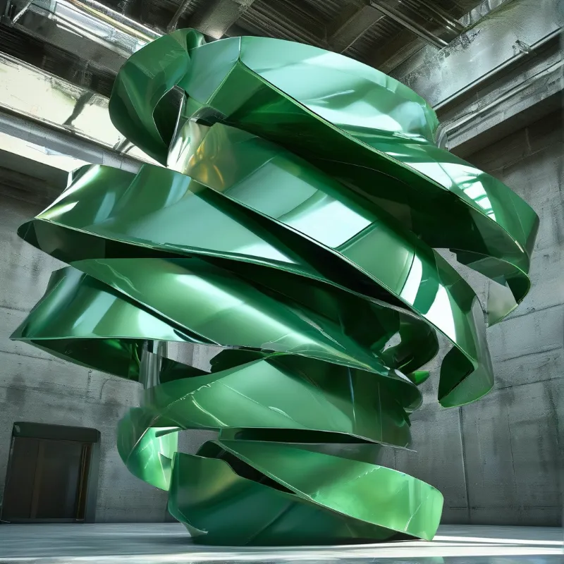 Shiny emerald geometric structure dominating a massive industrial interior with light glinting on its glossy finish.