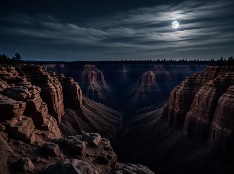 A night landscape showing layered canyon walls under a bright moon and cloudy sky