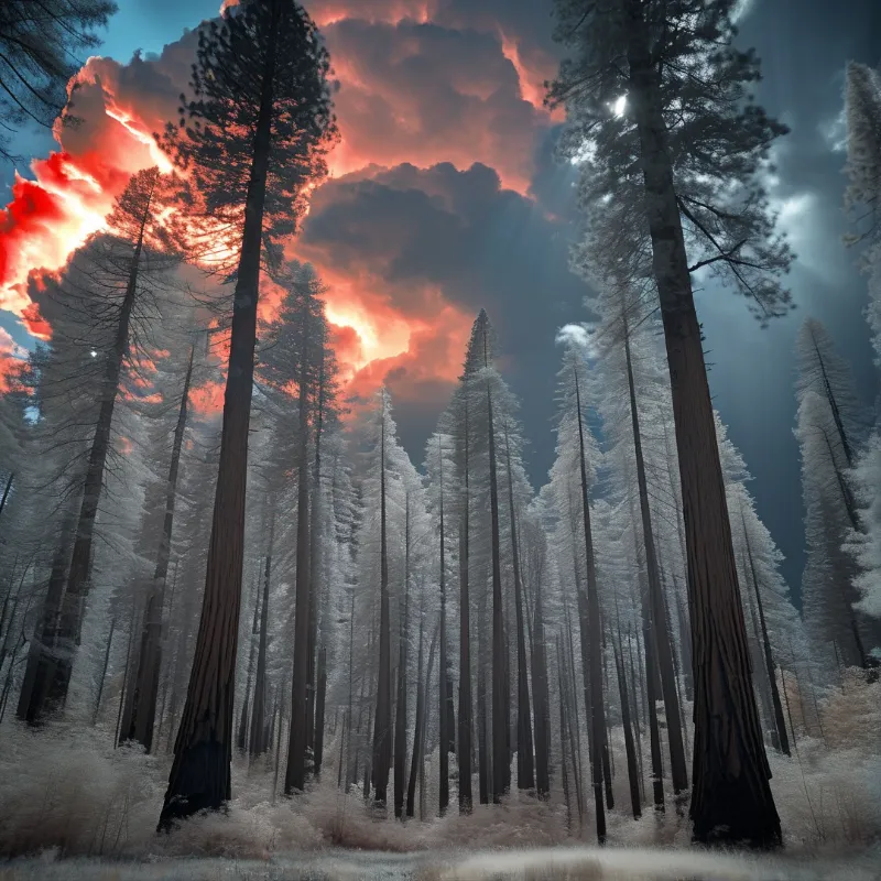 Towering frosted conifers stretch toward a dramatic sky of glowing red clouds, blue gaps and soft sunbeams.