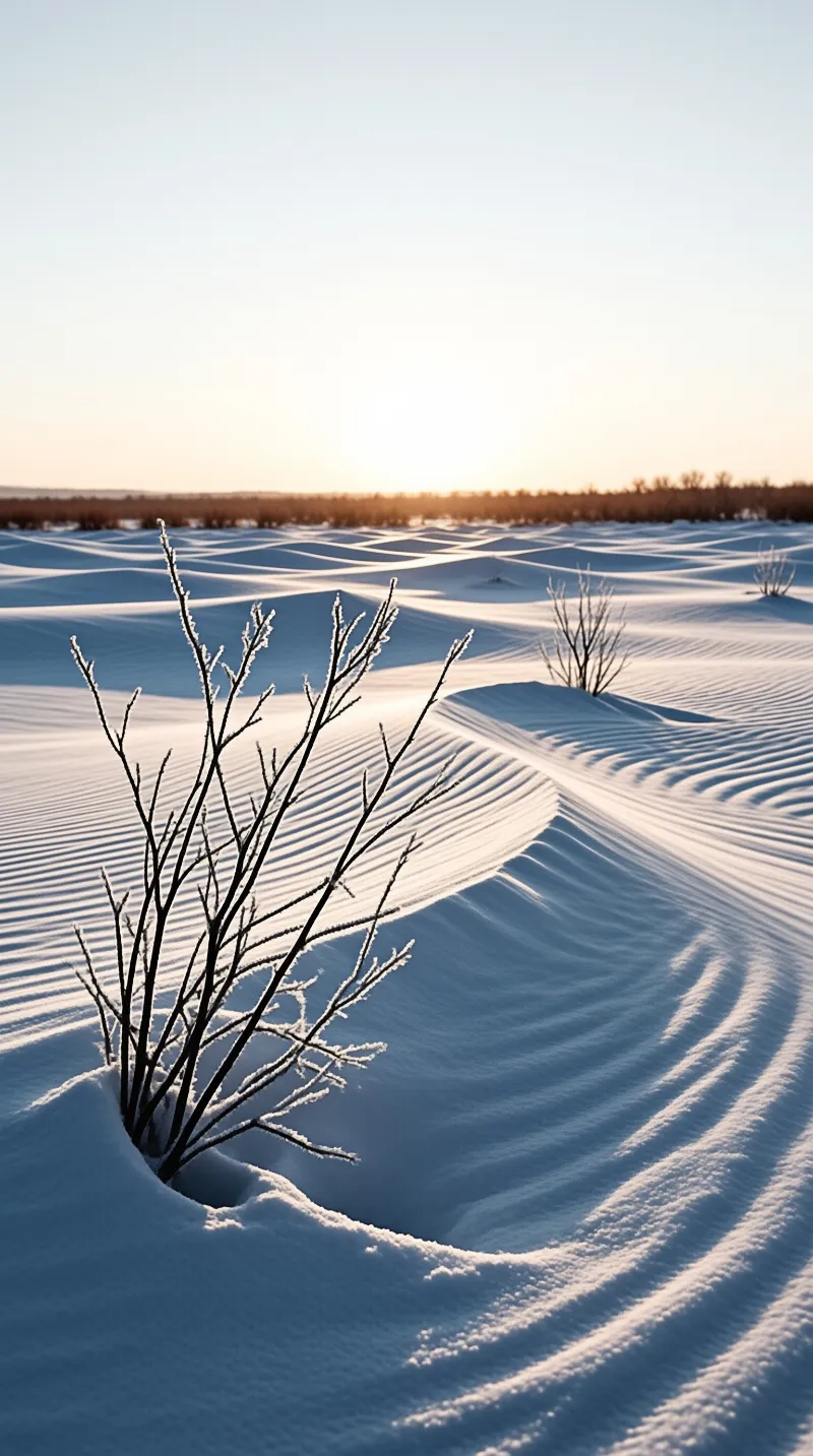 Bare frozen shrubs emerge from rippled snow dunes under warm golden sunlight near the horizon.