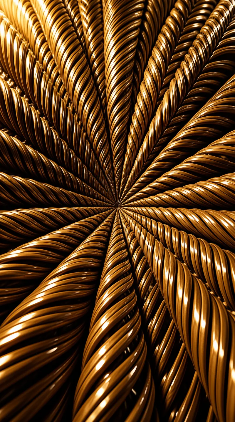 Shiny metallic ropes twist together in a radial pattern with strong highlights creating depth and volume.