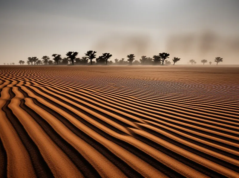 A panoramic view of orange desert sand with wave-like patterns leading to a line of trees under a misty sky.