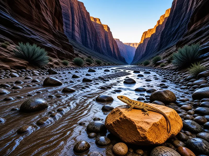 A patterned lizard basks on a warm sandstone rock beside a shallow river of polished pebbles