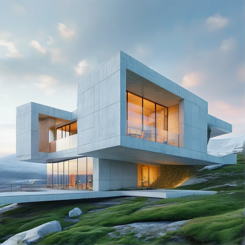 Modern white cubic structure with large glass windows and warm interior lighting situated on a rolling green hill.