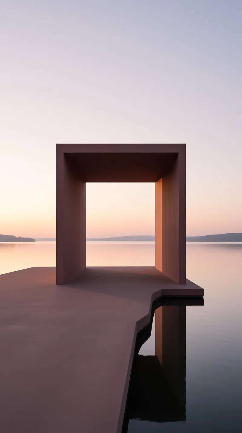 A dark rectangular architectural frame stands on a pier over still water reflecting the pastel sky.