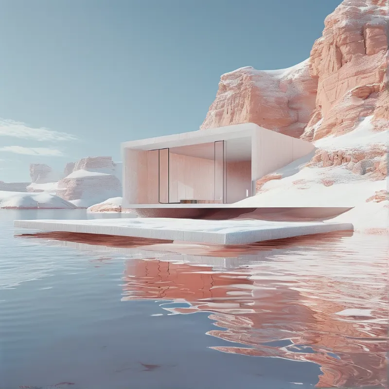 A white structure sits on a platform surrounded by snow-covered pink rocks and a calm reflective lake under a clear sky.