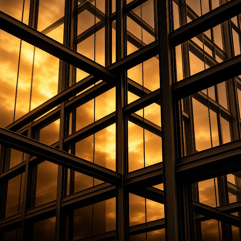Dark metal window frames reflect a fiery orange and yellow cloudy sky on a modern building exterior at dusk.