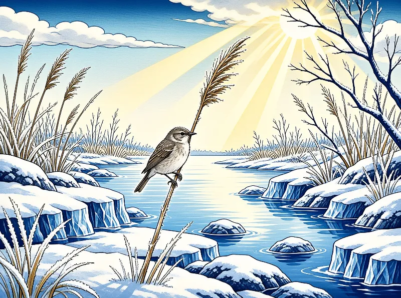 A small songbird balances on a dry reed above icy water surrounded by snow covered rocks beneath bright sun rays.
