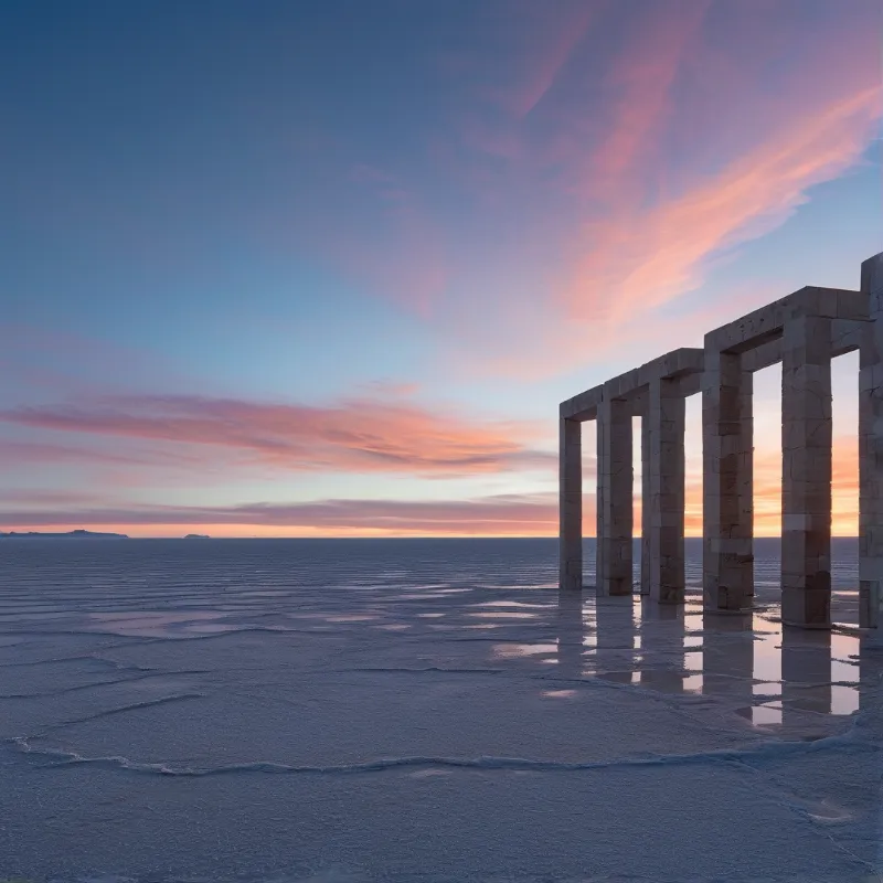 A row of ancient stone pillars stands partially submerged in shallow water while pink clouds fill the sky at sunset.