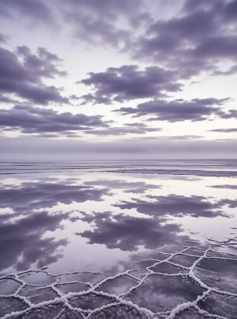 Cracked salt crystals form white polygons in the foreground while still water mirrors a cloudy lavender sky.